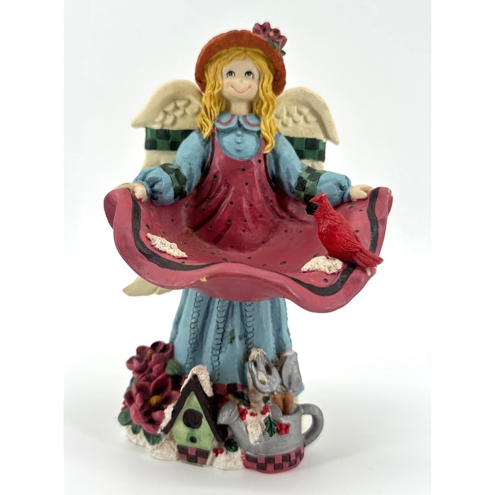 Vintage Garden Angel Figurine with Cardinal Birdhouse and Watering Can 7 Inch